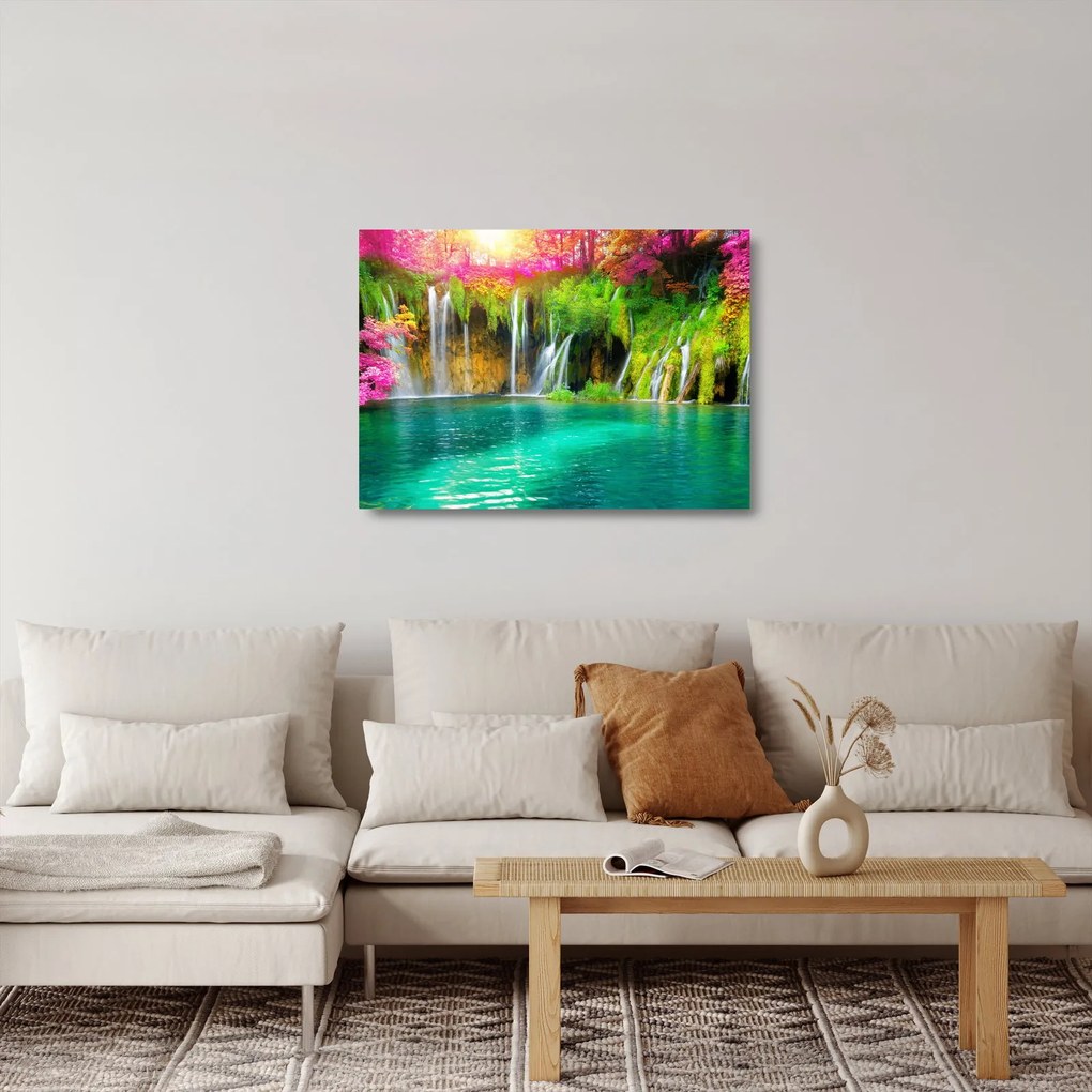 Tablou pe sticlă - Cascada, Lacurile Plitvice, Croația (70x50 cm)