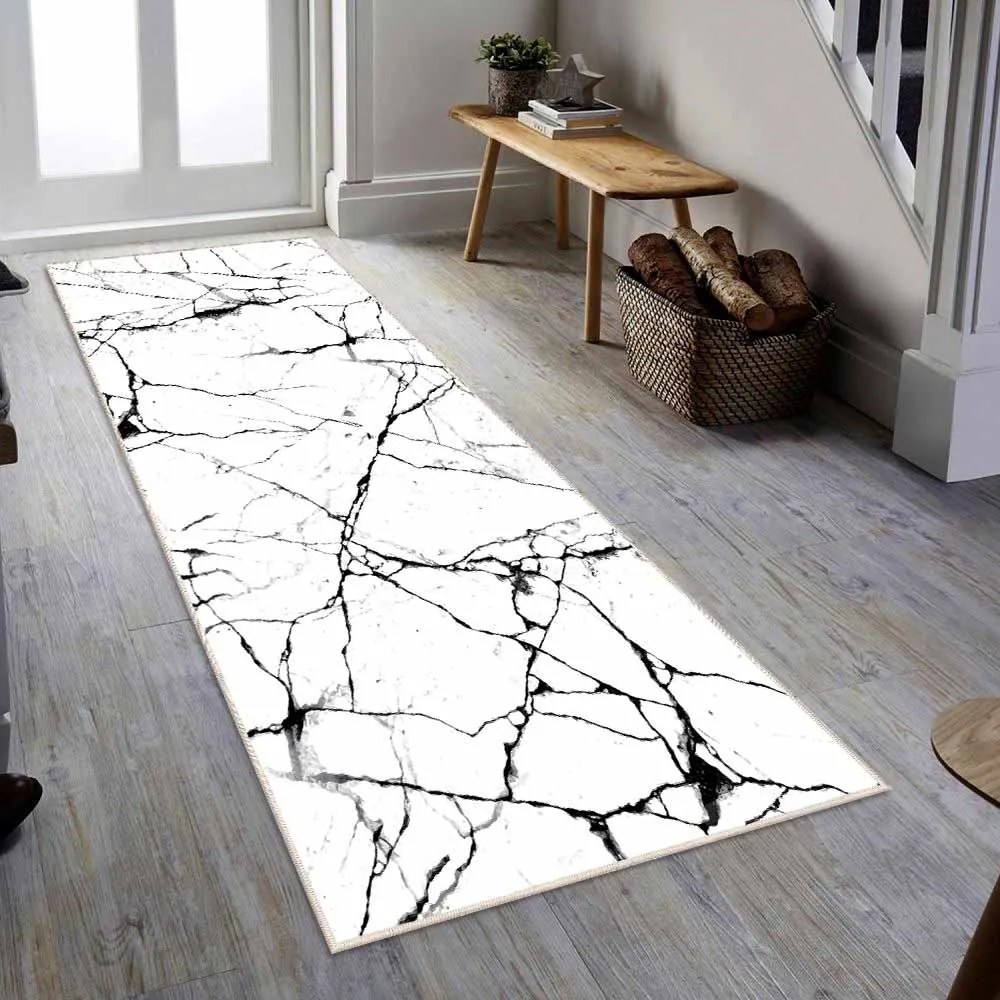 COVOR ANTIDERAPANT BERENICE, DREPTUNGHIULAR, 80X200 CM, ABSTRACT, ALB, NEGRU, 60% BUMBAC