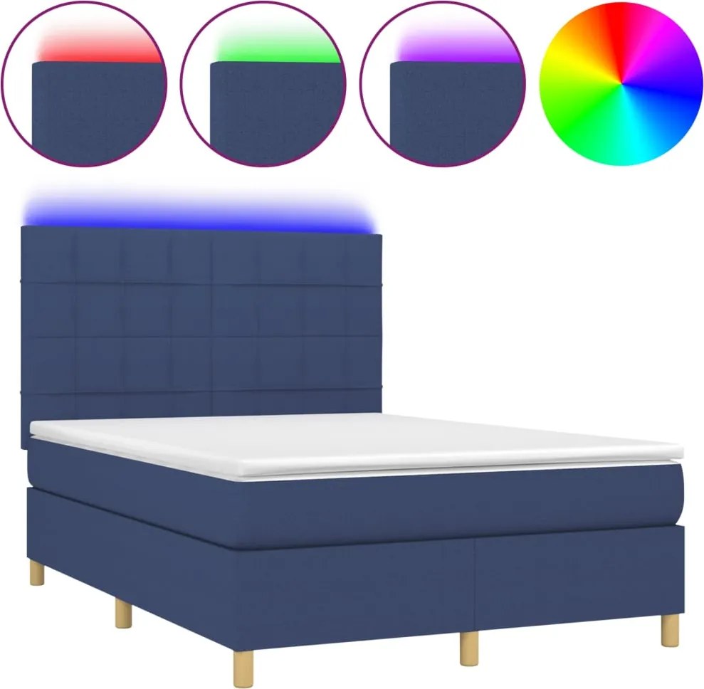 vidaXL Pat cu arcuri, saltea și LED, albastru, 140x200 cm, textil