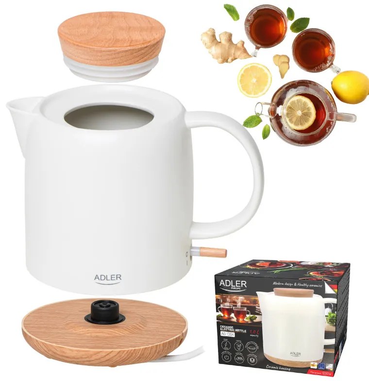 Cana electrica Adler AD 1304, 1200W, 1l, Ceramica, Baza rotativa, Protectie fierbere fara apa, Ecru