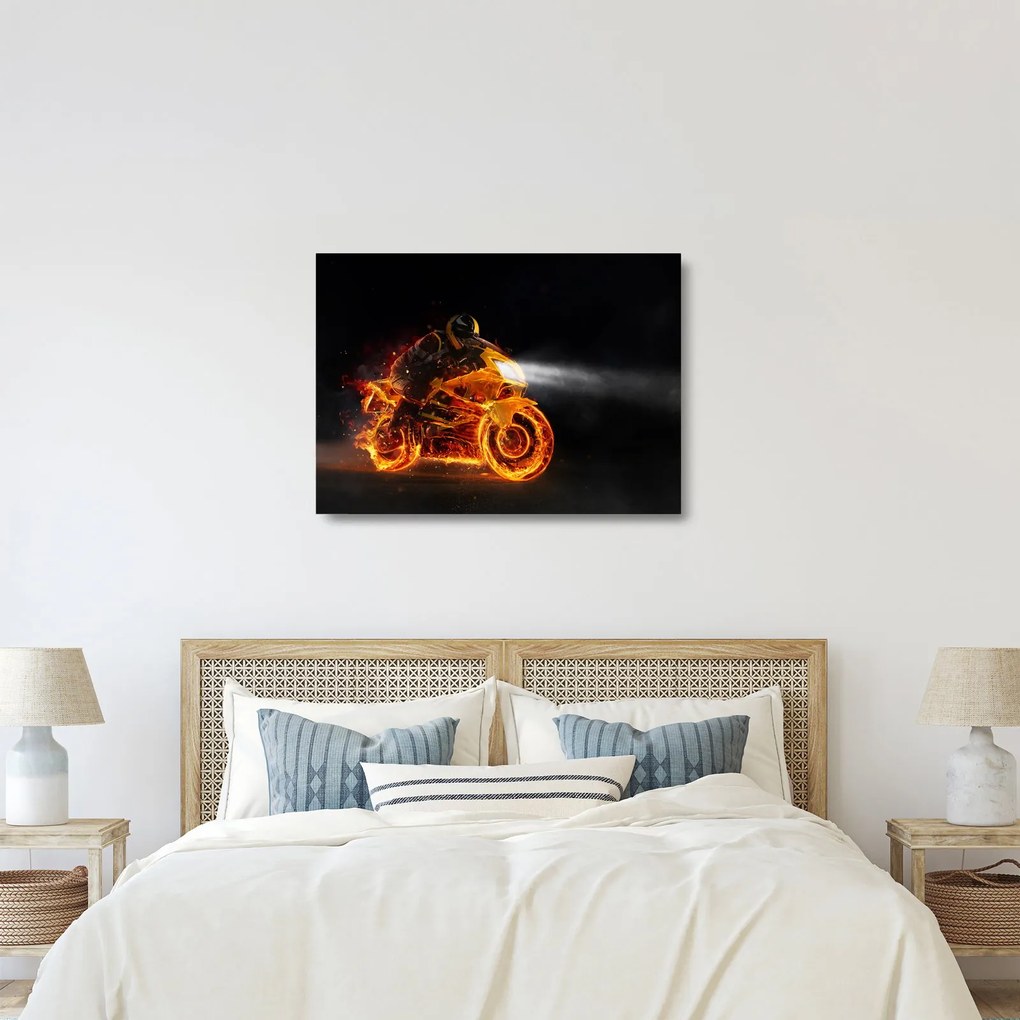 Tablou pe sticlă - Motociclist cu flăcări (70x50 cm)