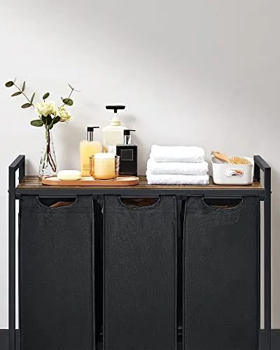 Coș de rufe cu poliță BERGEN, 3x38l, negru/maro SongmicsHome
