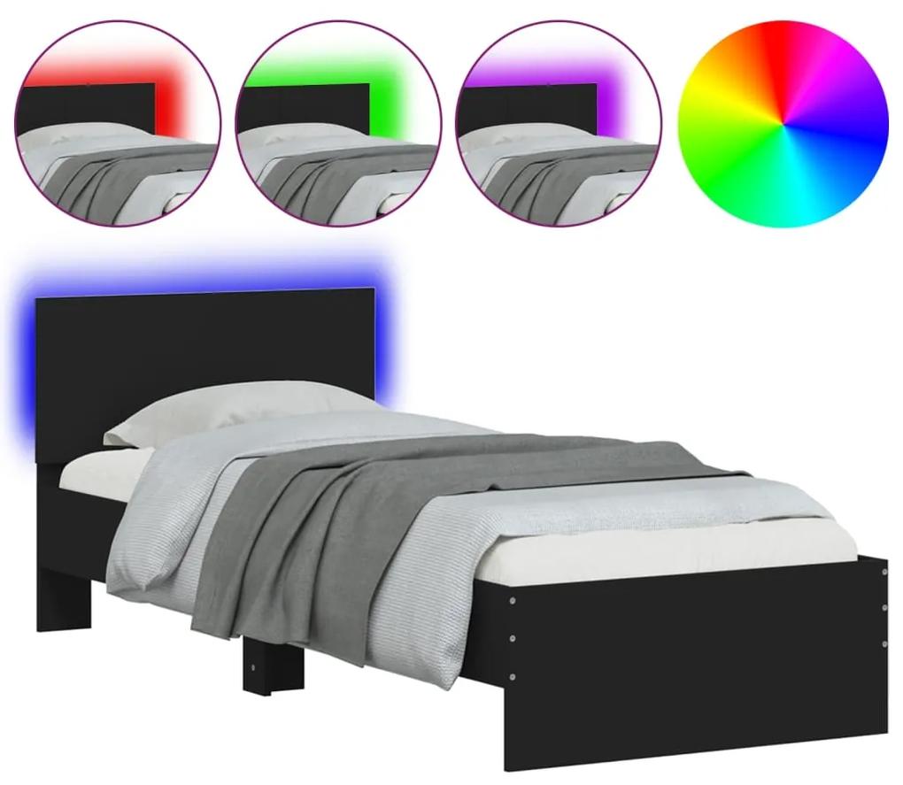 838842 vidaXL Cadru de pat cu tăblie și lumini LED, negru, 75x190 cm