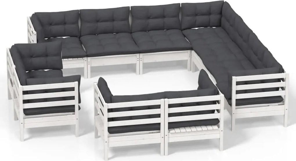 vidaXL Set mobilier grădină cu perne, 11 piese, alb, lemn masiv pin