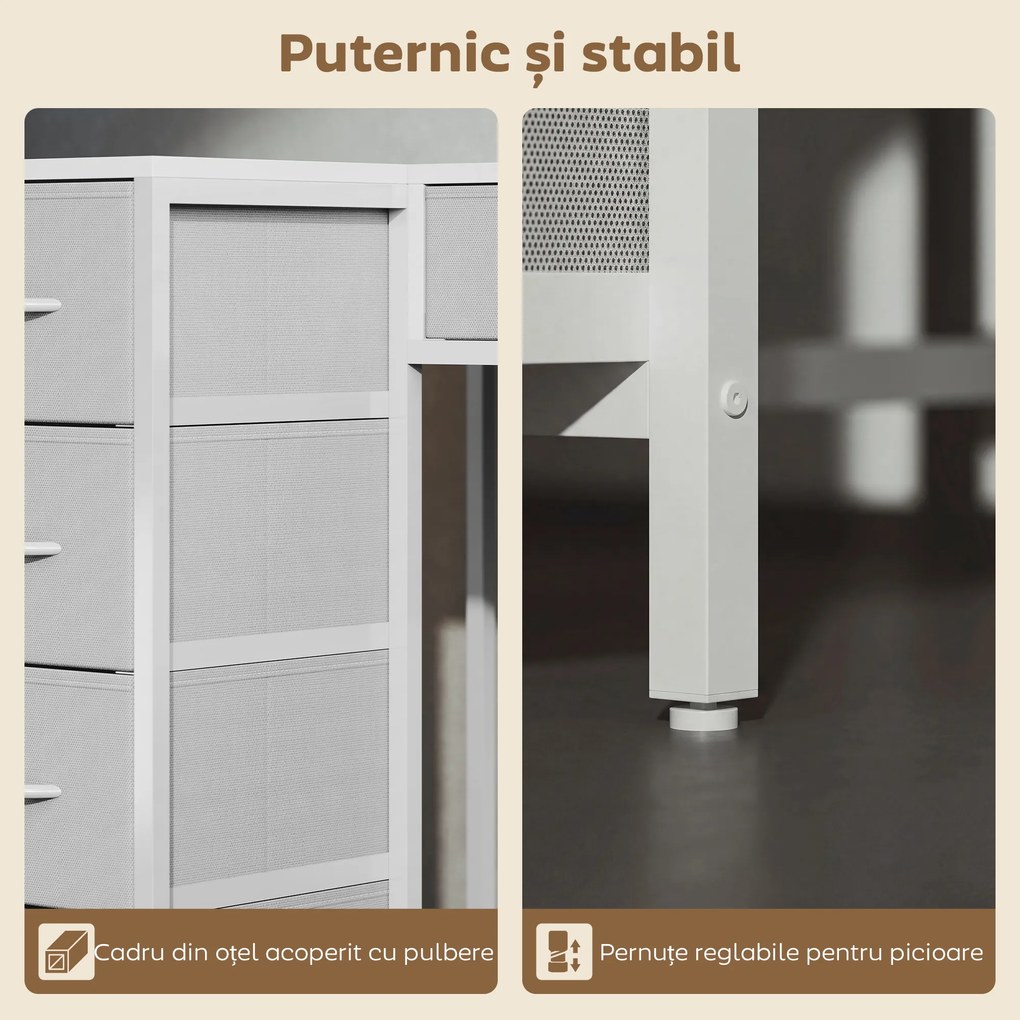 HOMCOM Birou de Colț Reversibil cu Prize și Porturi USB, 126x48 cm, Birou în Formă de L cu 6 Sertare din Material Textil, Cârlig Lateral, pentru Computer, Birou, Cameră, Alb | Aosom Romania