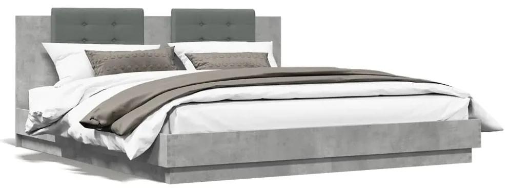 3209999 vidaXL Cadru de pat cu tăblie și lumini LED, gri beton, 160x200 cm