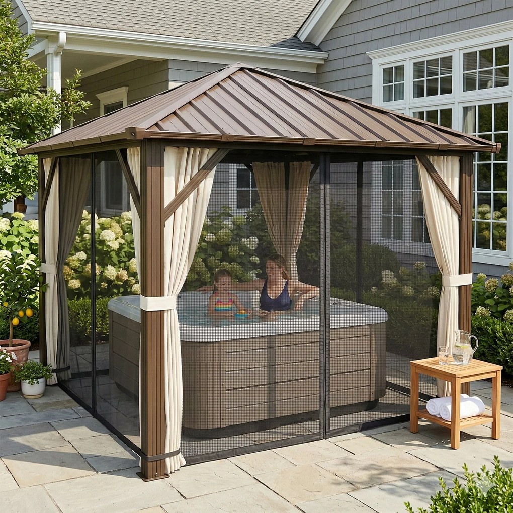 Outsunny Pavilion de grădină aprox. 3 x 3 m pavilion din aluminiu cu acoperiș din oțel Hardtop plasă anti-țânțari 4 părți, UPF50+ | Aosom Romania