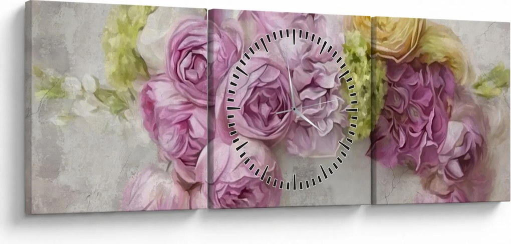 Tablou - Flori pe perete culorile pastel (cu ceas) (90x30 cm)