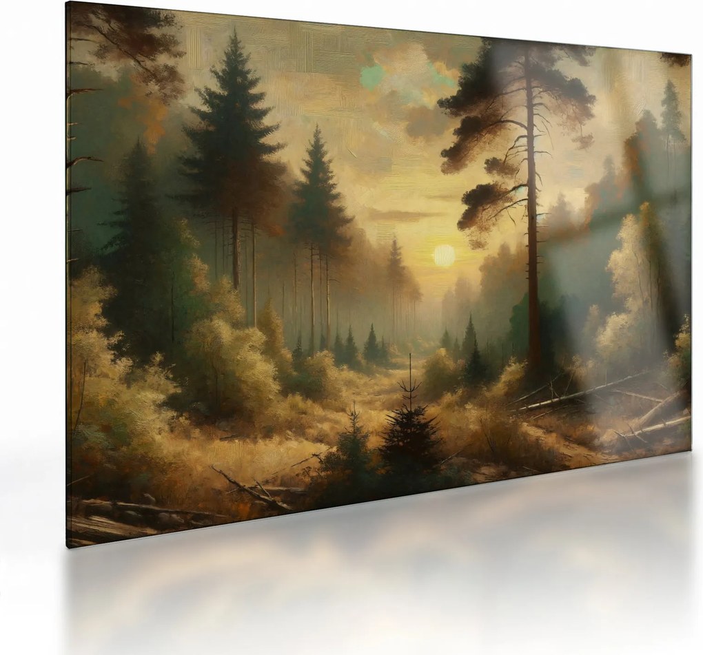 Tablou pe sticlă - Soare strălucind prin pădure (70x50 cm)