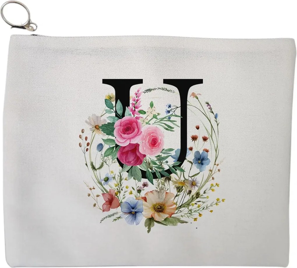 Portfard Cosmetice tip Plic, Cu litera U in Coronita Florala, 23x18 cm, Alb, BEKZ®