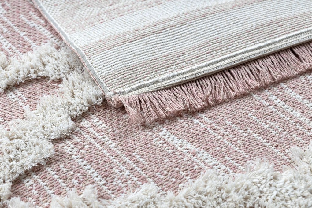 Covor ECO SISAL BOHO MOROC Caro 22297 franjuri - două niveluri de lână roz / cremă, covor reciclat