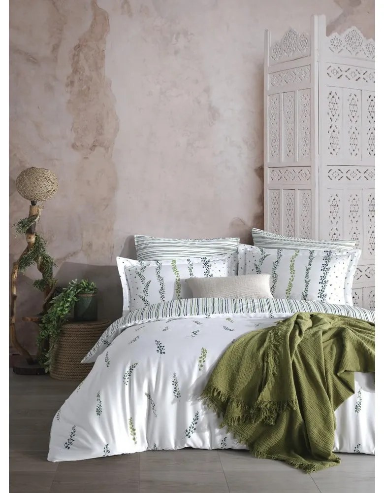Lenjerie de pat albă-verde din bumbac satinat pentru pat dublu, extinsă 240x220 cm Marseille Floral – Mila Home Luxury