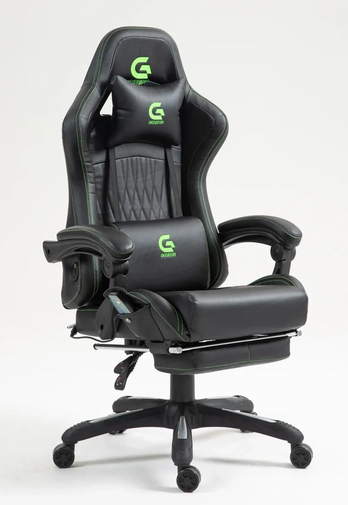 RESIGILAT- Scaun gaming, Masaj in 7 puncte, Boxe Bluetooth, funcție șezlong, 90-155 grade, suport picioare, PU, Negru/cusatura verde