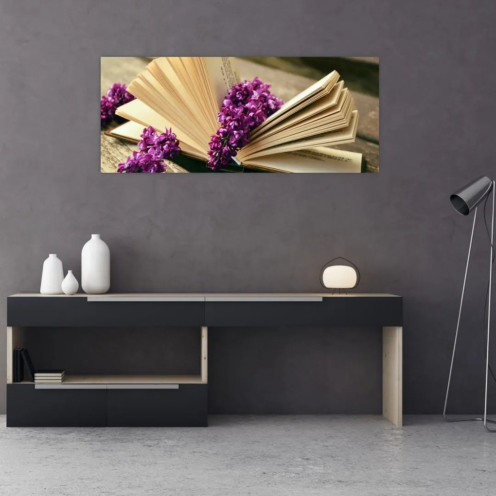 Tablou cu carte și floare violetă (120x50 cm)