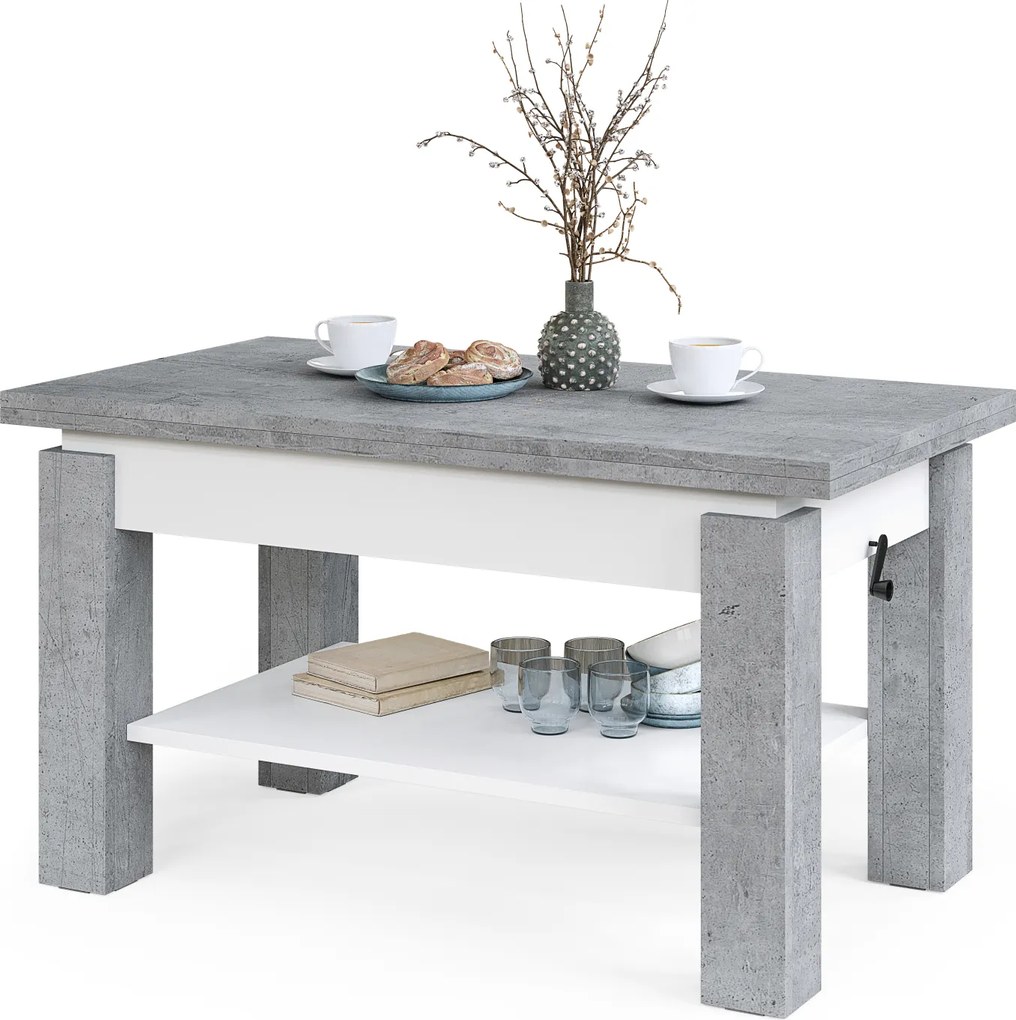 Mazzoni BRAWO Beton Millennium/Alb - MĂSUȚĂ DE CAFEA CU BLAT EXTENSIBIL ȘI RIDICABIL MASĂ CU RAFT