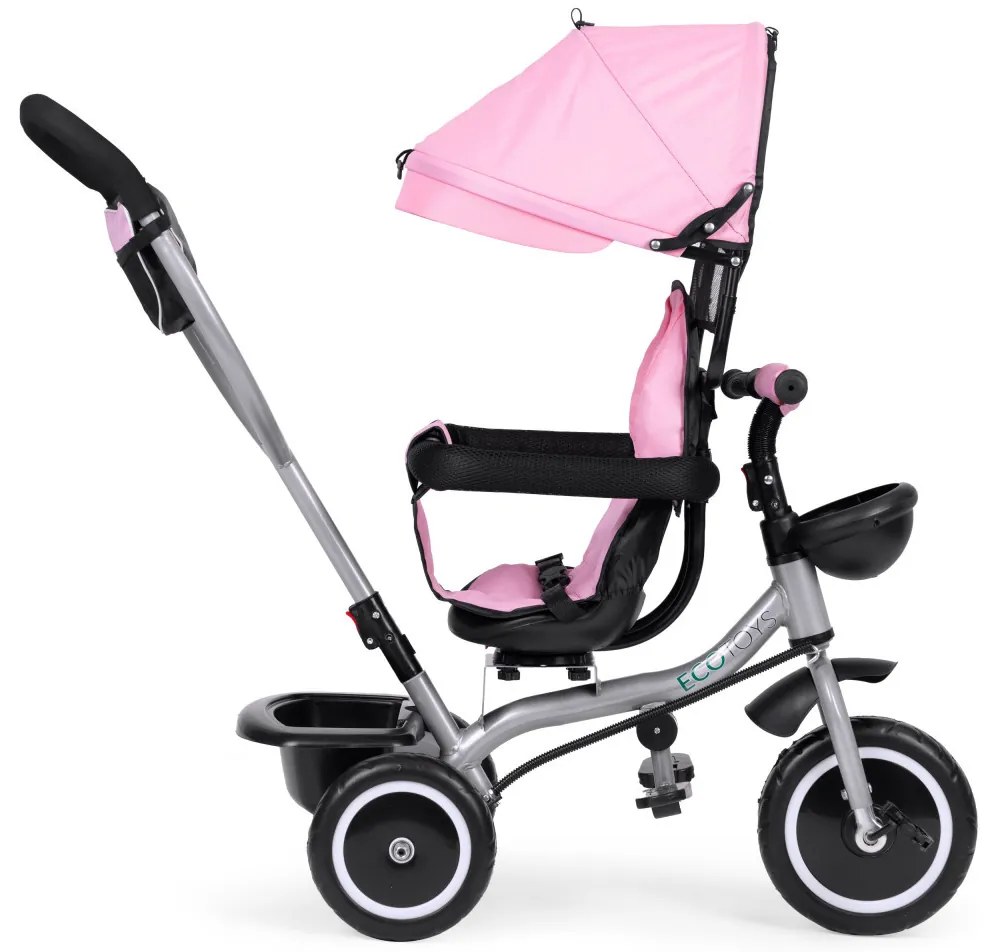 Triciclu triciclu cu scaun pivotant și parasolar pliabil 2in1 roz