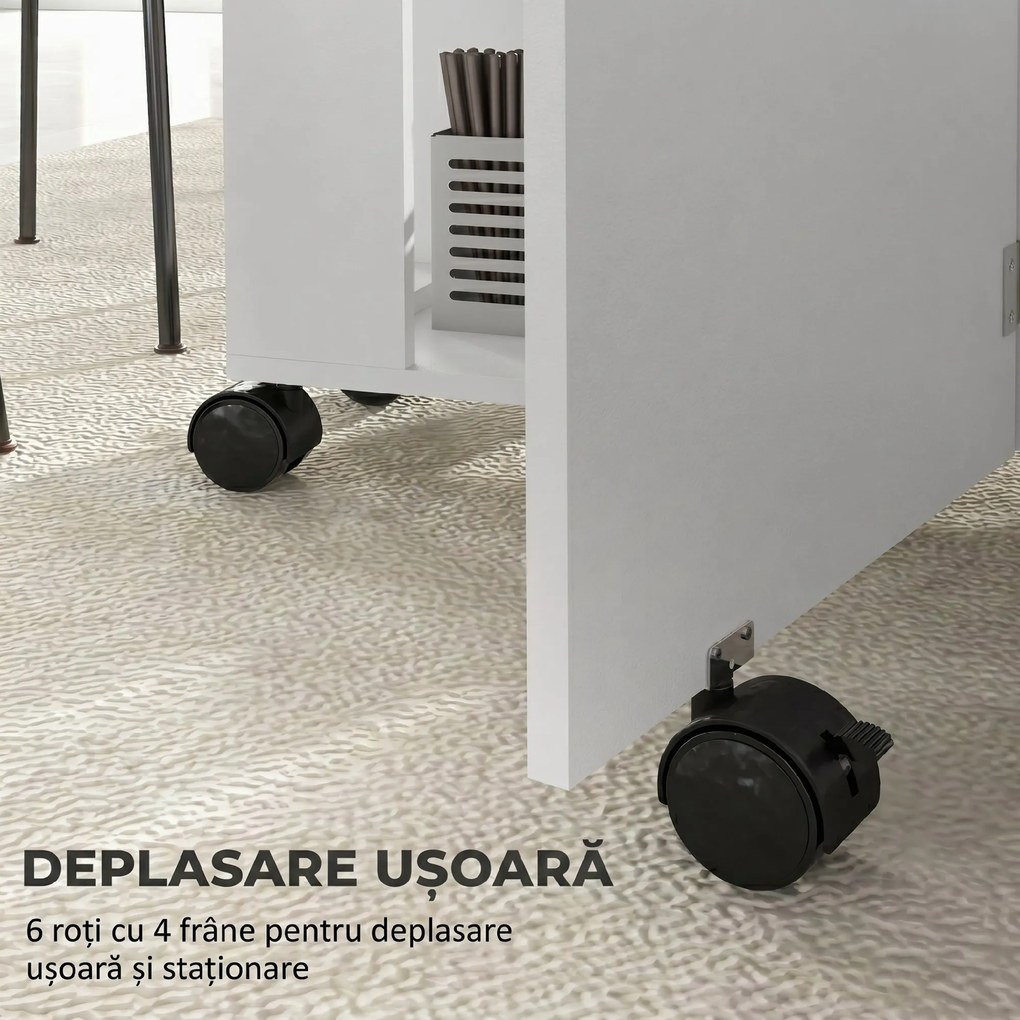 HOMCOM Masă pliabilă de dining pentru 2-4 persoane, 120x60x77 cm, cu 6 roți, 2 polițe, 2 extensii rabatabile, economisește spațiu, albă | Aosom Romania