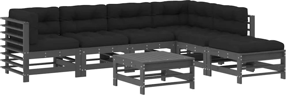 vidaXL Set mobilier de grădină cu perne, 7 piese, gri, lemn masiv