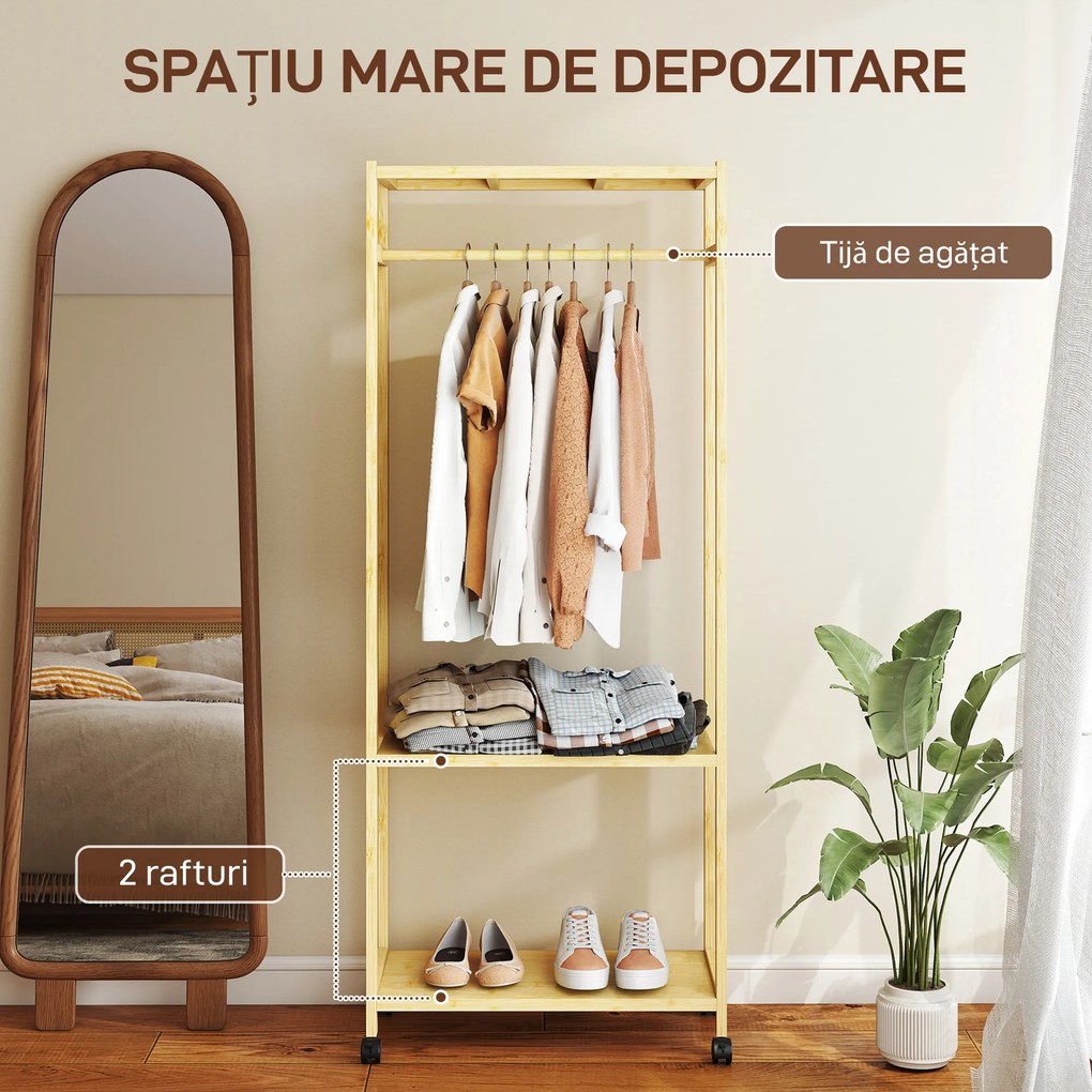 HOMCOM Cuier de Podea cu Bară și 4 Roți, Economisire Spațiu, Cuier din Bambus cu Rafturi Inferioare, pentru Dormitor, Hol, 70x35x175 cm, Lemn Natural | Aosom Romania