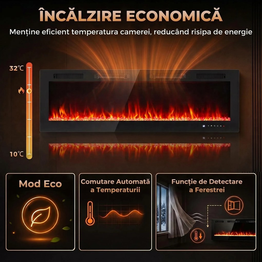 HOMCOM Șemineu Electric Încastrabil cu Flacără Independentă, 3 Moduri de Încălzire și Telecomandă, 152,4 x 9,4 x 47 cm, Negru | Aosom Romania