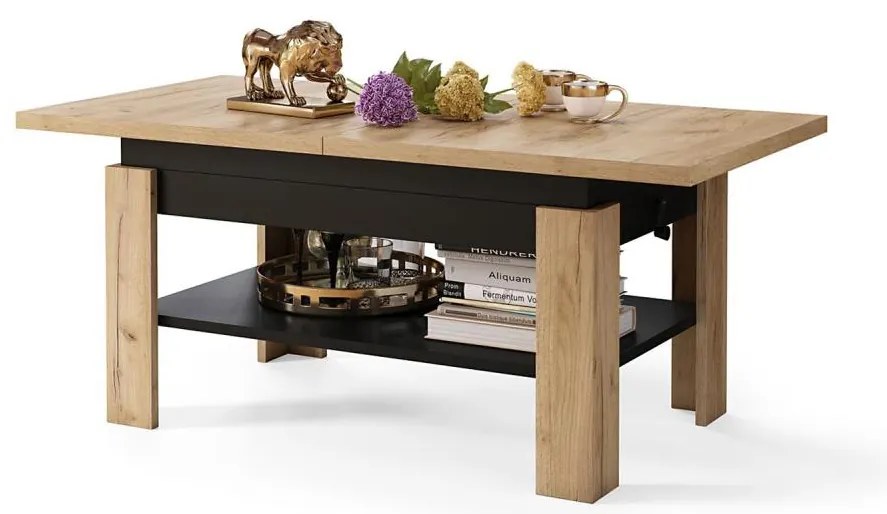 Masă extensibilă ROY pentru living și dining, cu blat rabatabil, stejar craft/negru