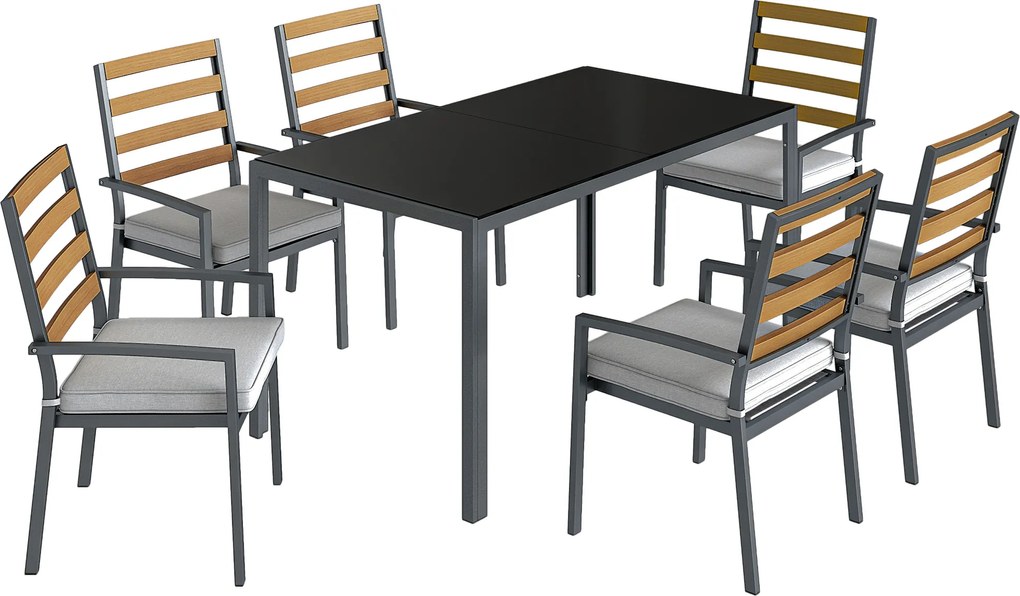 Outsunny Set Masă și Scaune de Grădină 7 Piese, Set pentru Prânz în Aer Liber cu Masă Dreptunghiulară din Sticlă Securizată, 6 Scaune, Perne, Cadru din Oțel Zincat pentru Terasă Balcon, Negru | Aosom Romania