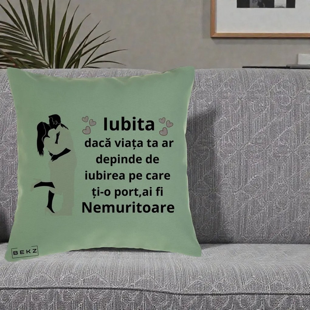Cadou pentru Iubita - Perna Personalizata Iubita Nemuritoare cu Siluete de Cuplu, 40x40 cm, Verde, Husa Detasabila, Perna Inclusa, BEKZ®