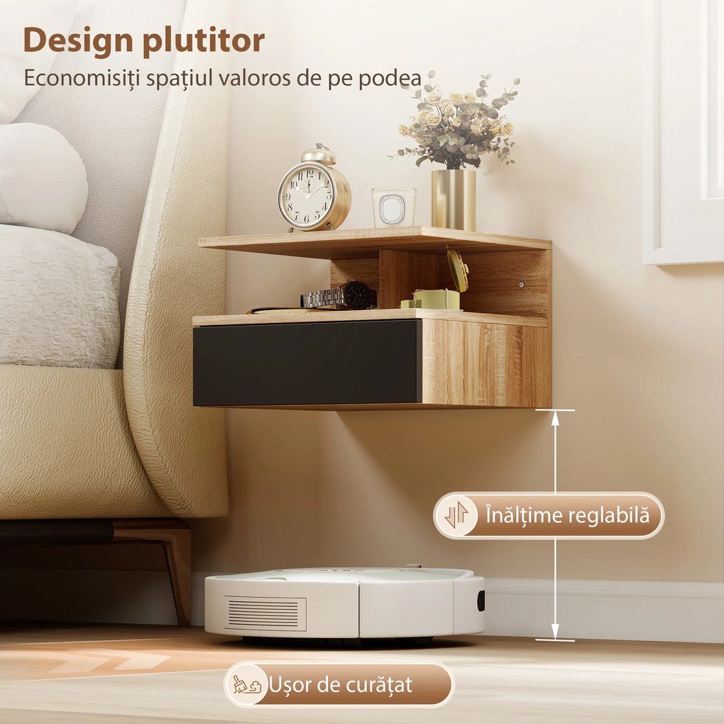 HOMCOM Set 2 Noptiere Suspendate pentru Dormitor, Design Modern cu Sertar și Raft, din Lemn, 35x32x22.5cm, Stejar și Negru | Aosom Romania