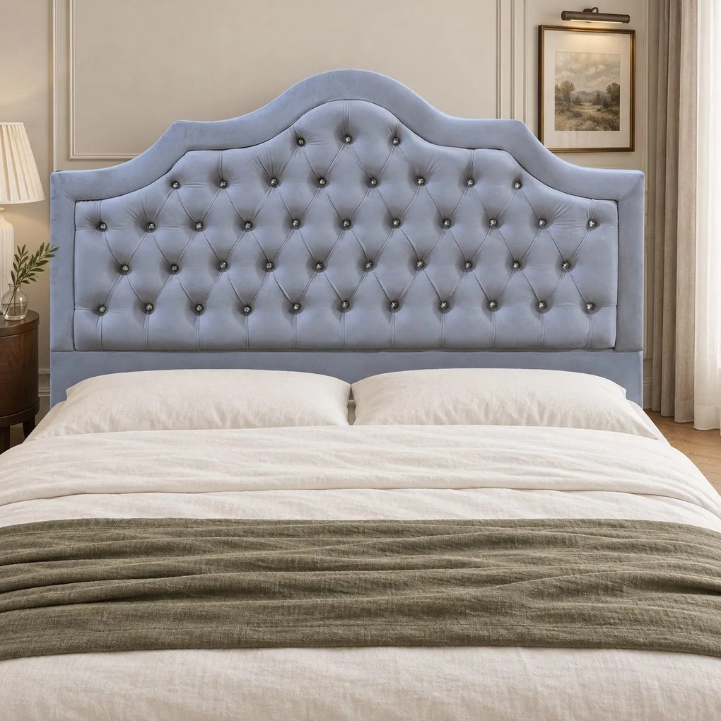 Pat tapițat Chesterfield din catifea Imperio Deluxe 160×200 cm, gri deschis, cu ladă de depozitare