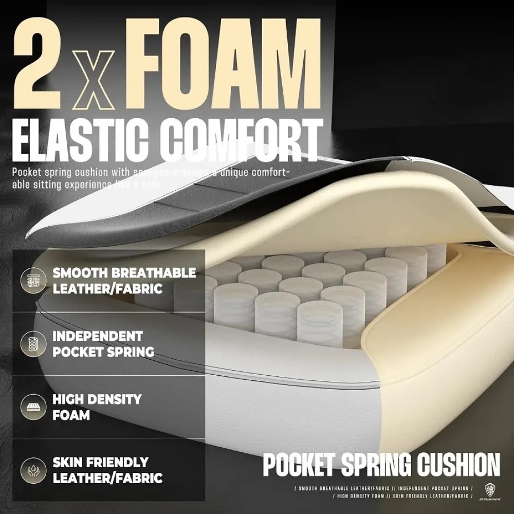 RESIGILAT- DOWINX Scaun gaming, ergonomic, suport lombar cu masaj, Șezut cu Arcuri Metalice și Spumă, Spătar înalt, rabatabil 90°-145°, Buzunar depozitare, Suport picioare, rezistent 150 kg, material PU respirabil, Alb/Negru