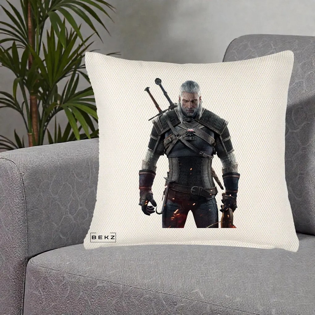 Perna Personalizata The Witcher Geralt of Rivia Portret, 40x40 cm, Crem Reliefat, Husa Detasabila, Perna Inclusa, BEKZ®