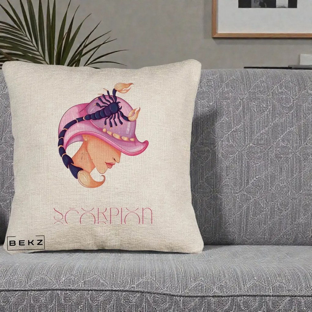 Perna Personalizata Zodiac Scorpion Cowgirl, 40x40 cm, Bej Canapea, Husa Detasabila, Perna Inclusa, BEKZ®
