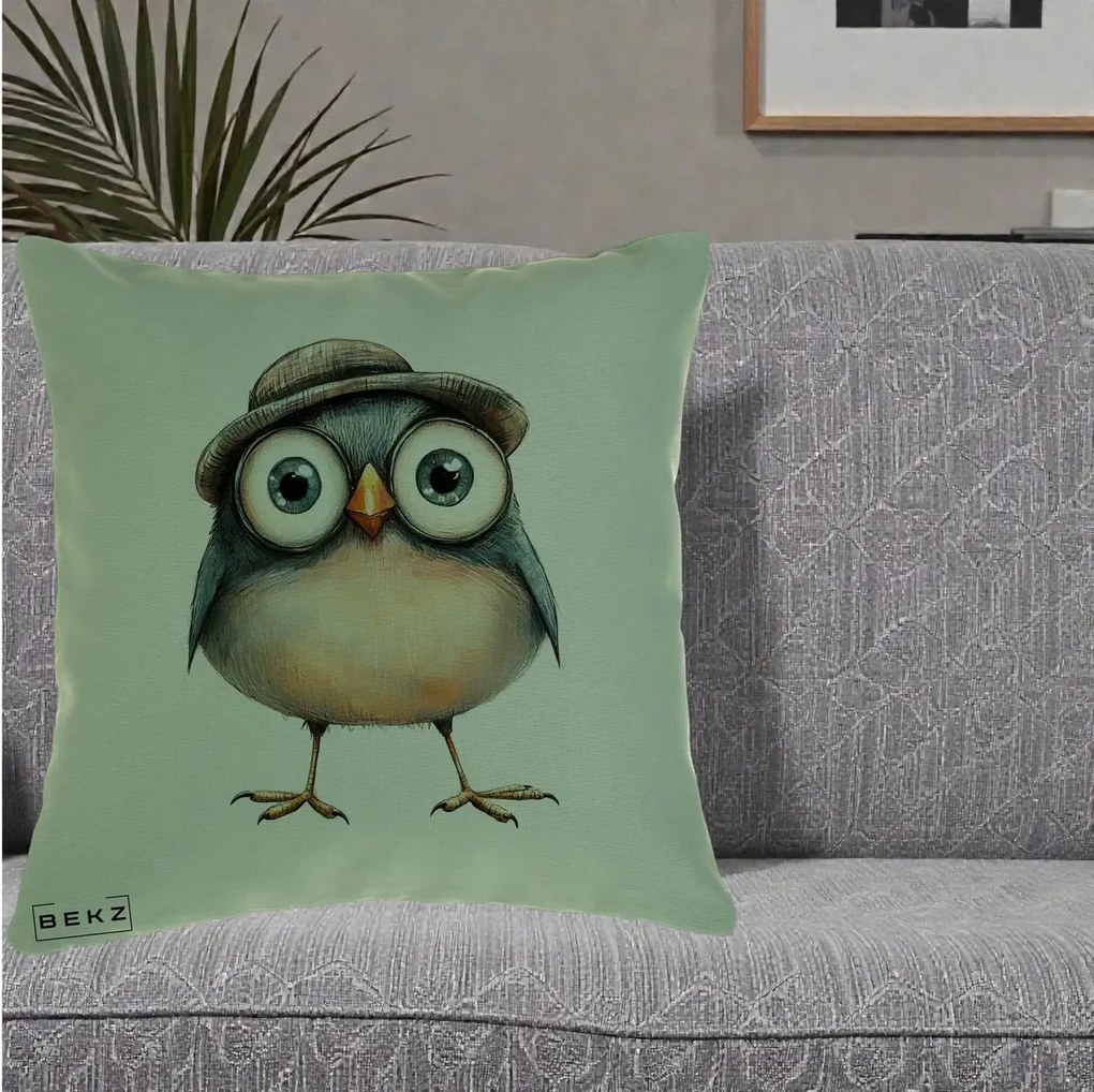 Perna Decorativa Pui cu Palarie Rotunda, 40x40 cm, Verde, Husa Detasabila, Perna Inclusa, BEKZ®