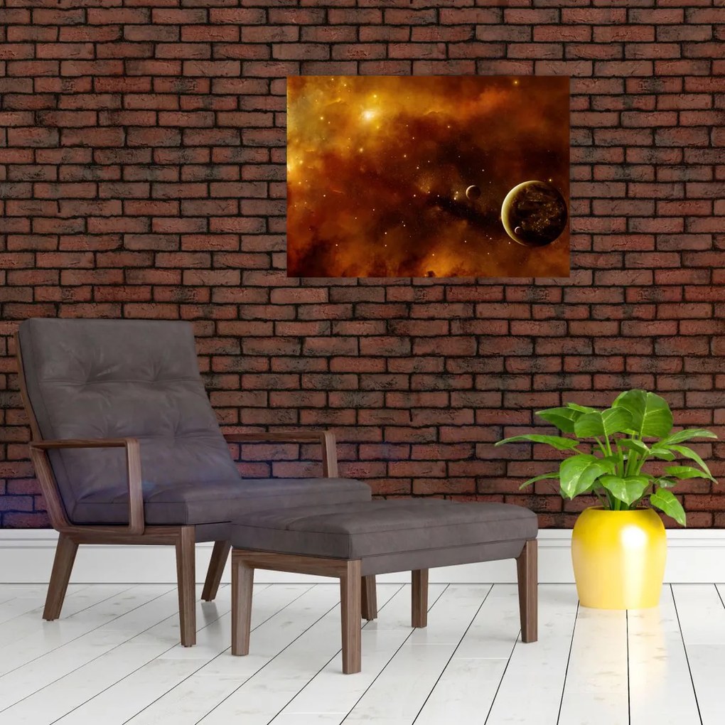 Tablou pe sticlă - Planete cu nebuloasă (70x50 cm)