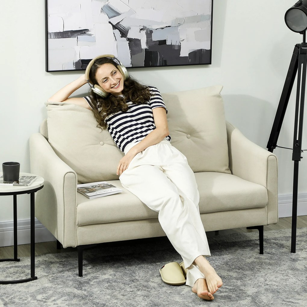 HOMCOM Canapea cu 2 Locuri din Catifea cu Spătar Matlasat și Pernă Detașabilă, Canapea Compactă Modernă cu Picioare din Metal pentru Sufragerie, 124x73x92 cm, Crem | Aosom Romania