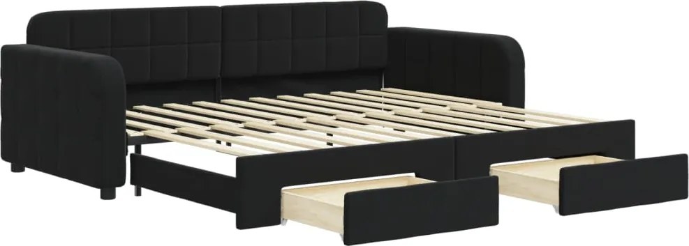 vidaXL Pat de zi cu extensie și sertare, negru, 90x200 cm, catifea