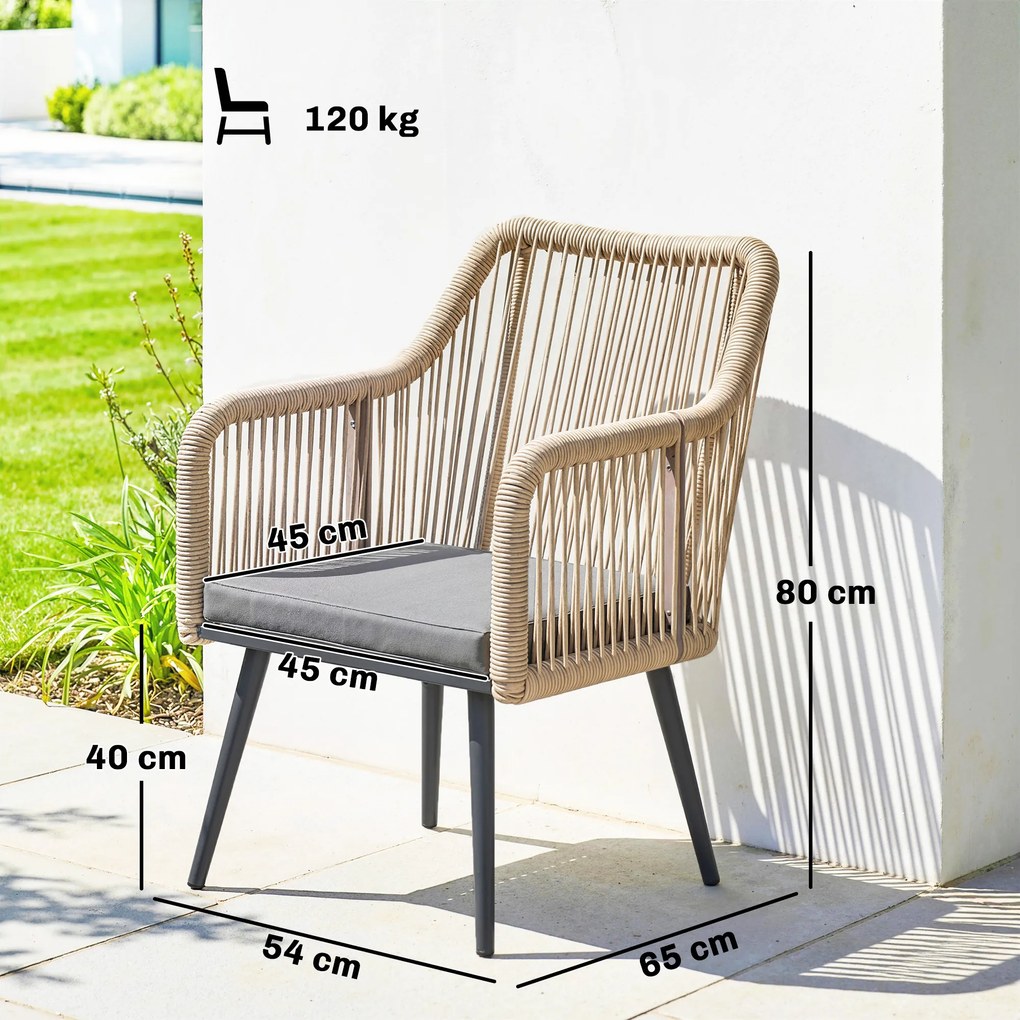 Outsunny Set de 2 scaune de grădină pentru exterior din ratan cu perne, cotiere și cadru din oțel pentru terasă 54x65x80 cm gri | Aosom Romania