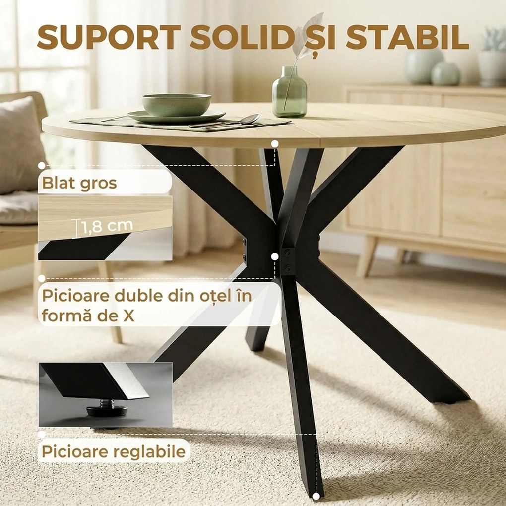 HOMCOM Masă Pliabilă pentru 2-6 Persoane, Cadru Dublu X din Oțel, Finisaj Natural | Aosom Romania