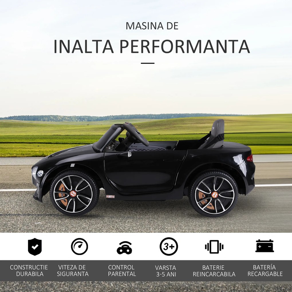 HOMCOM Mașină Electrică pentru Copii cu 2 Portiere, Bentley, Conducere manuală sau cu Telecomandă 108x60x43 cm, Negru | Aosom Romania