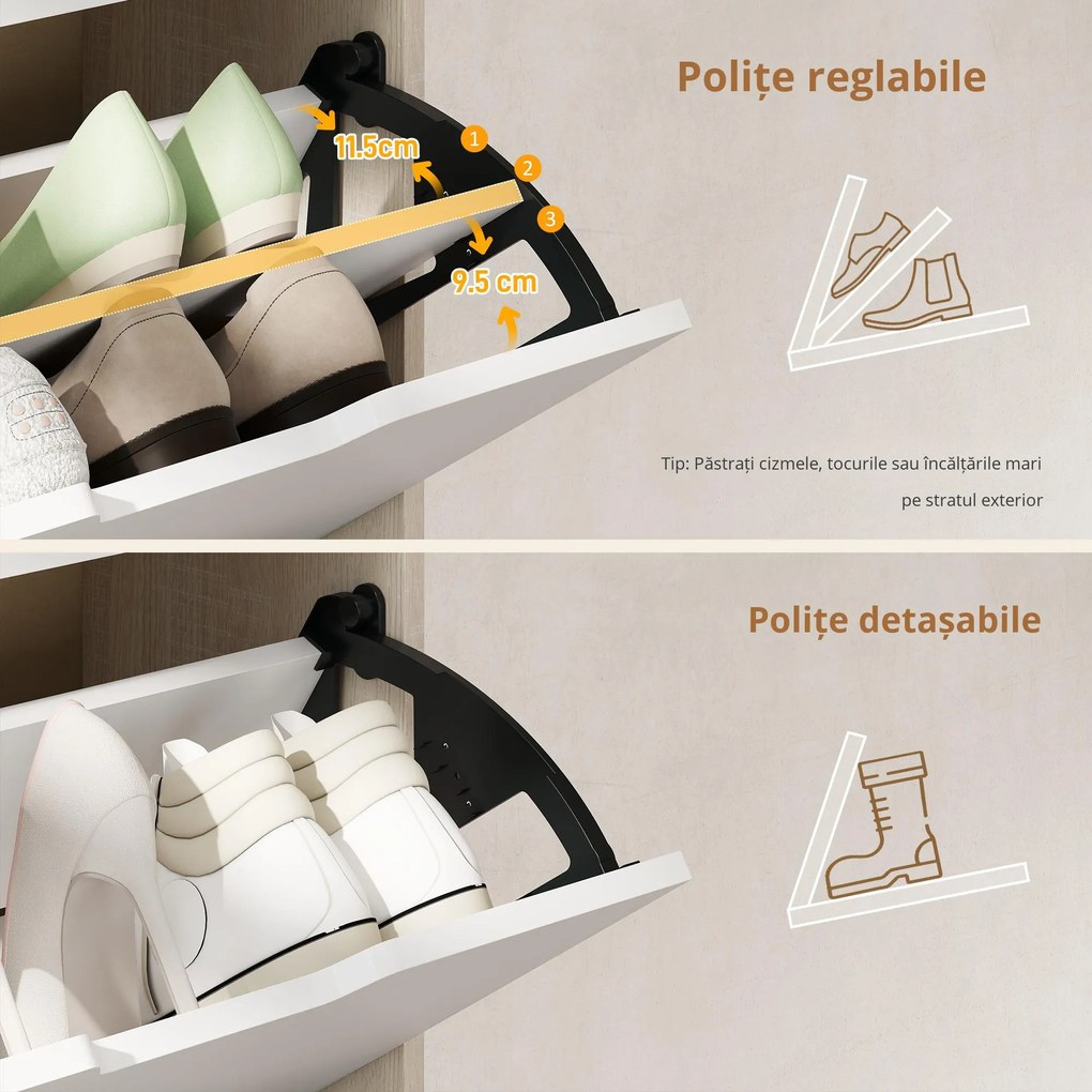 HOMCOM Dulap Subțire pentru Pantofi cu 4 Sertare pentru 16 de Perechi de Pantofi 62.5x26x156 cm, Culoare Lemn și Alb | Aosom Romania