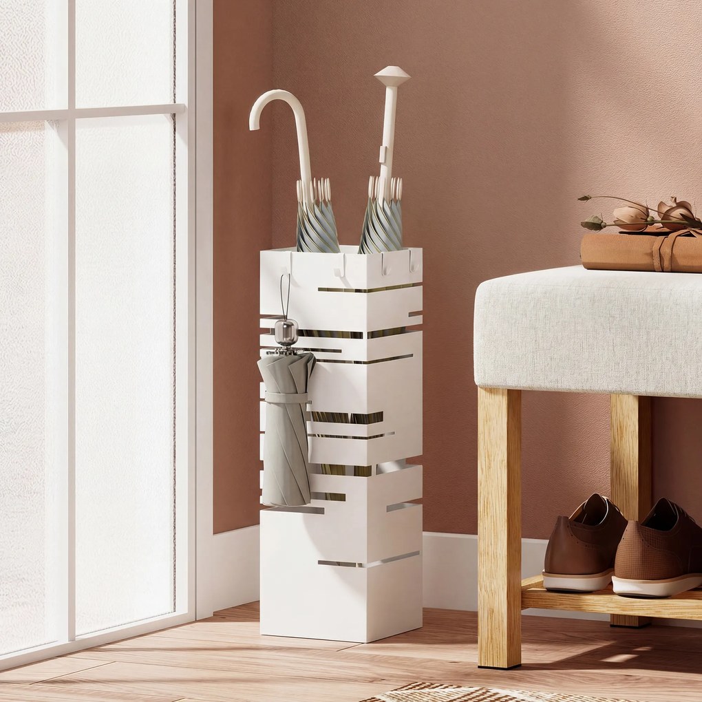 HOMCOM Suport pentru umbrele metalic cu 4 cârlige și tavă colectoare detașabilă pentru hol, birou 15,5x15,5x49 cm Alb | Aosom Romania