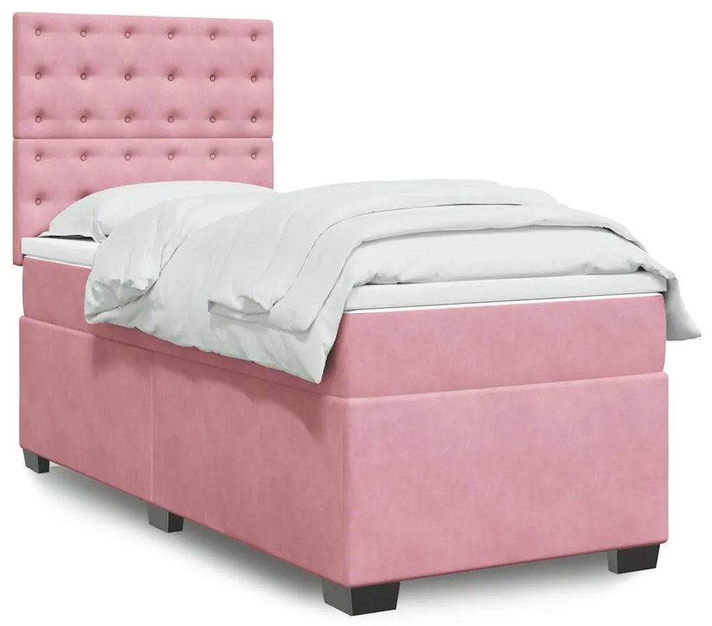 vidaXL Pat box spring cu saltea, roz, 100x200 cm, catifea