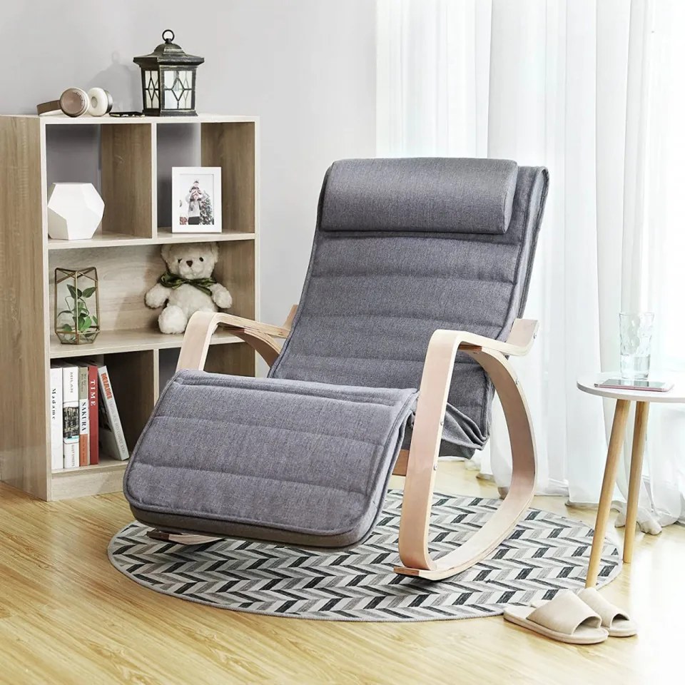 Fotoliu balansoar, lemn de mesteacan / textil, gri inchis / natural, Songmics