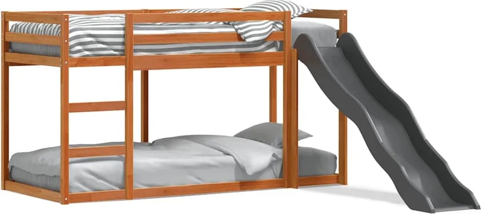 vidaXL Pat supraetajat cu tobogan/scară maro 75x190 cm, lemn masiv pin