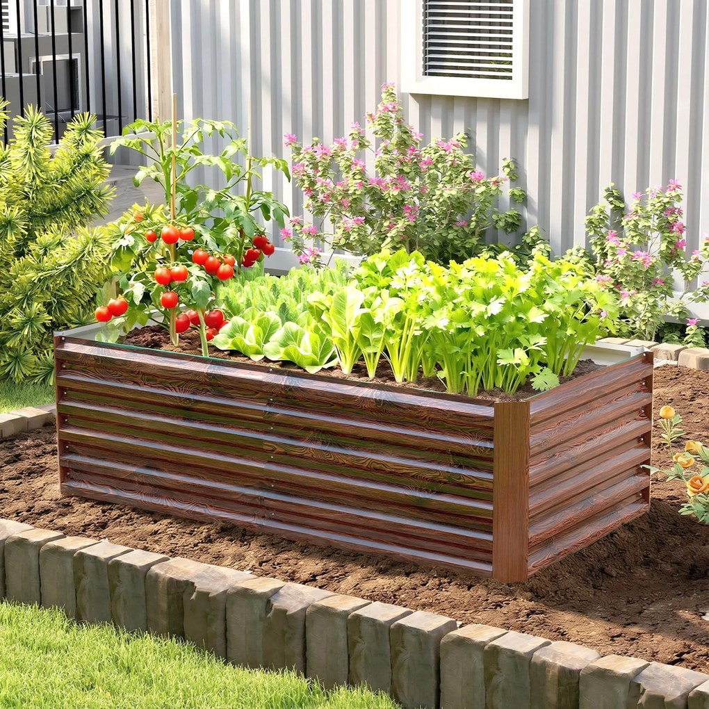Outsunny Pat pentru Grădină Ridicat cu Fund Deschis și Bare de Suport, Ghiveci din Oțel Zincat pentru Flori și Legume, pentru Balcon sau Grădină, 180x90x57,5 cm, Maro Închis | Aosom Romania