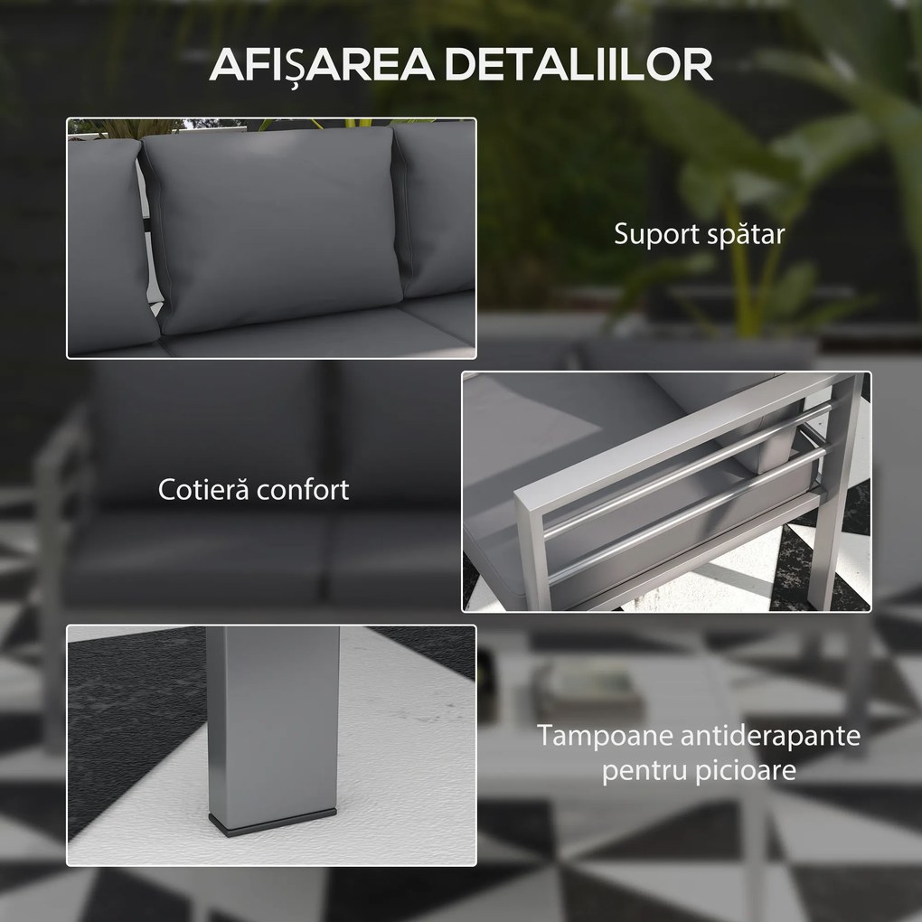 Outsunny Canapea de Grădină cu 3 Locuri cu Perne pentru Scaun și Spate, Canapea Modernă din Aluminiu și Poliester, 185x66x64 cm, Gri | Aosom Romania