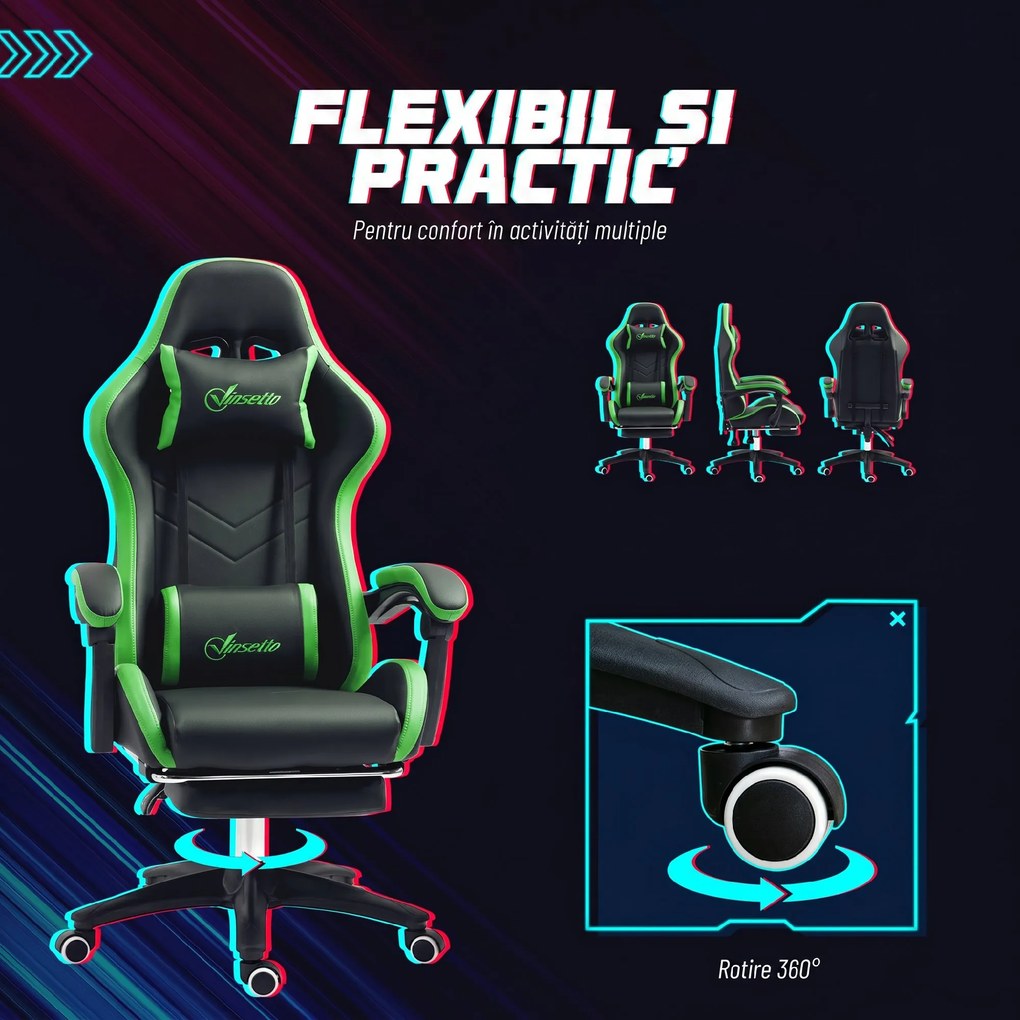 Vinsetto Scaun Gaming cu Înălțime Reglabilă, Scaun Gaming Ergonomic cu Spătar Rabatabil, 65x65x121-129 cm, Negru | Aosom Romania