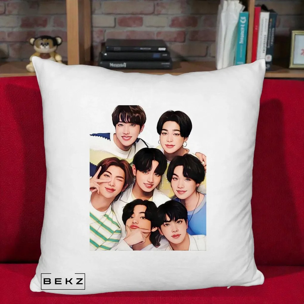 Perna Personalizata K-pop BTS Bangtan Boys Portret Grup Fanart, 40x40 cm, Alb Pufos, Husa Detasabila, Perna Inclusa, BEKZ®