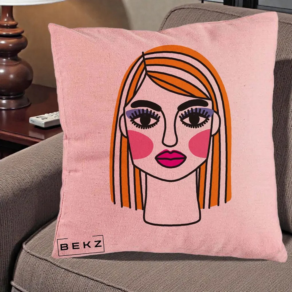 Perna Decorativa Portret Pop Art Fata, 40x40 cm, Roz, Husa Detasabila, Perna Inclusa, BEKZ®
