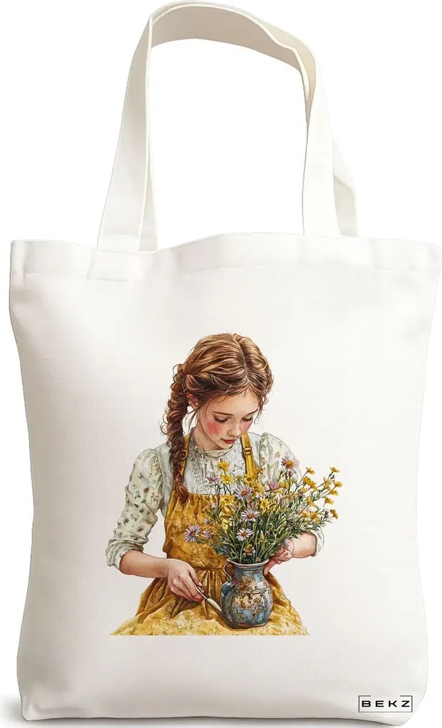 Sacosa de Panza pentru Cumparaturi, Geanta Tote, model The Girl with the flower pot 38 x 34.5 cm, Alba, BEKZ®